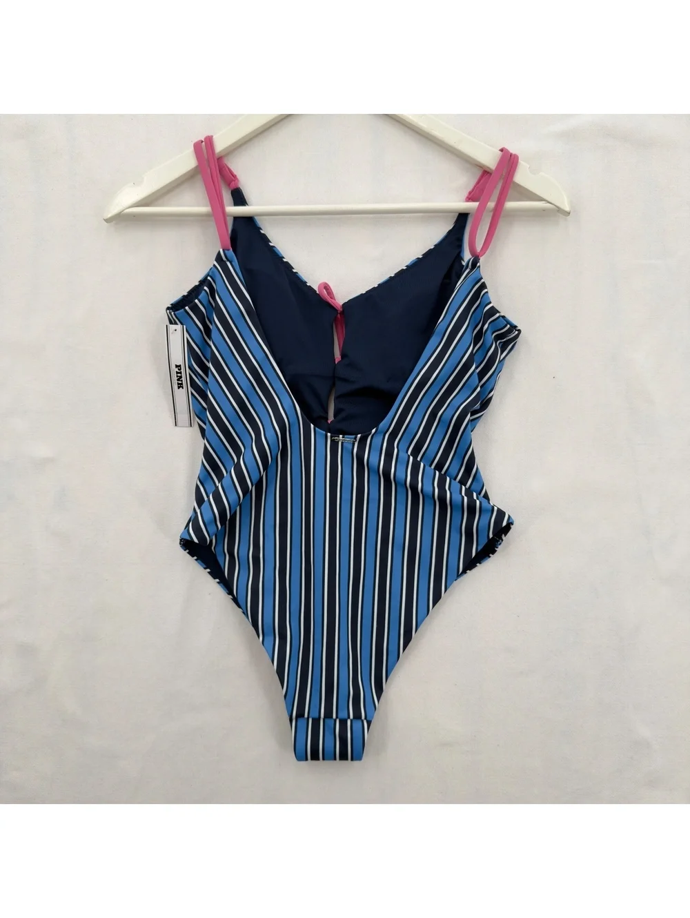 NWT Victoria's Secret PINK Striped One Piece Swimsuit Lace Up Blue Pink XS